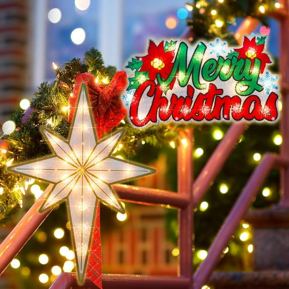 2 Pack Lighted Merry Christmas Sign and Bethlehem Star Christmas Window Silhouette Lights Decorations,Window Sculpture Decoration for Christmas,Party,Home,Patio Lawn,Garden