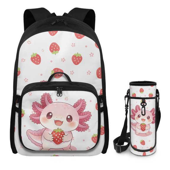 FUIALDOLG Axolotl Strawberry Back to School Backpack for Girls with Lunch Box Elementary School Book Bag Set Lightweight Kids Schoolbag with Water Bottle Sleeve 3 in 1 Kindergarten Bookbag Satchel