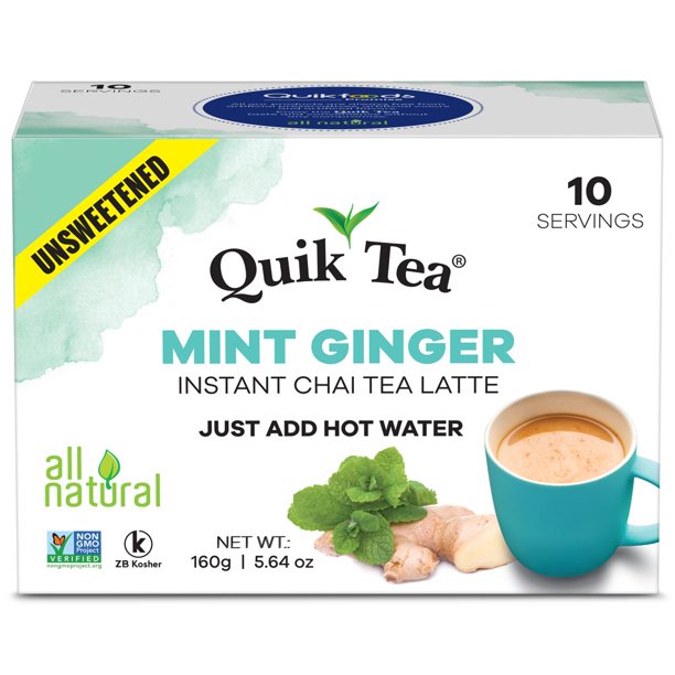Quik Tea Unsweetened Mint (Pudina) Ginger Chai Tea Latte 10 Count