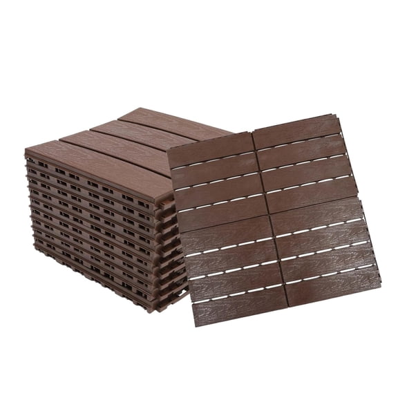 Plastic Interlocking Deck Tiles 12 Pack Patio Deck Tiles Waterproof Outdoor Flooring 12" x 12" Floor Decking Covering Tiles for Porch Poolside Balcony Backyard, Brown
