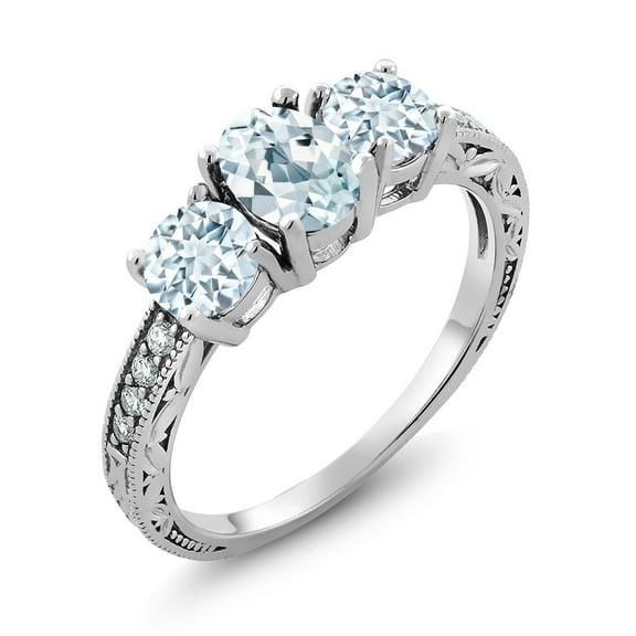 Gem Stone King 925 Sterling Silver Oval Sky Blue Aquamarine and Moissanite Ring for Women | 1.87 Cttw | Gemstone Birthstone (Size 7)