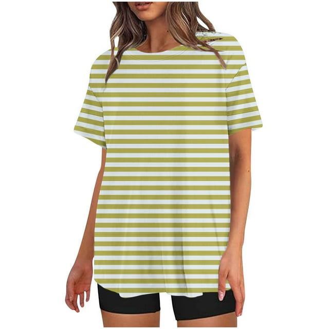 Mikilon Ensemble Élégant pour Femmes 2 Pcs Mode Décontractée Rayé Imprimé Col Rond Épaule Tombante Shorts Ensemble 2 Pcs Jaune 2TG
