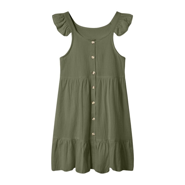 Ketyyh-chn99 Robe d'Été pour Filles Manches à Volants Robe d'Été pour Bébé Filles Sans Manches Décontractée Taille pour 4-5 Ans, Vert Foncé
