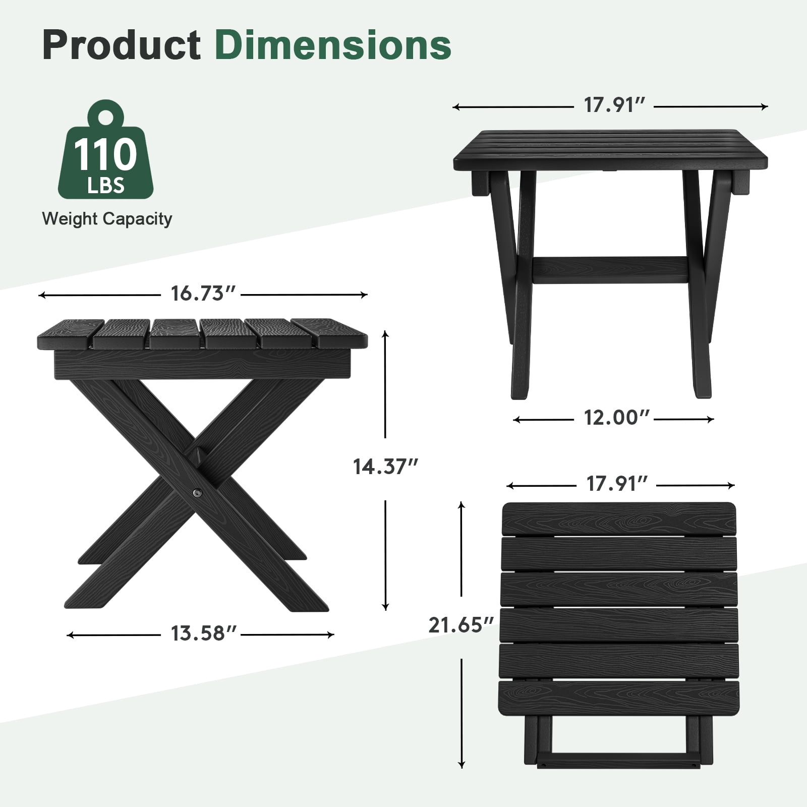 SERWALL Outdoor Small Folding Side Table, HDPE All Weather Adirondack End Table, No Assembly Required, Black