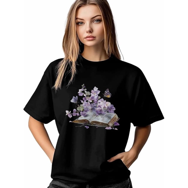 Camiseta de mujer, camiseta de manga corta, tops casuales, camisetas de cuello redondo con flores moradas y libros para mujer
