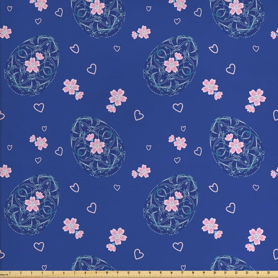 Floral Fabric by the Yard Upholstery, Repetitive Print of Easter Eggs Flowers and Hearts, Decorative Fabric for DIY and Home Accents, Violet Pale Pink by Ambesonne