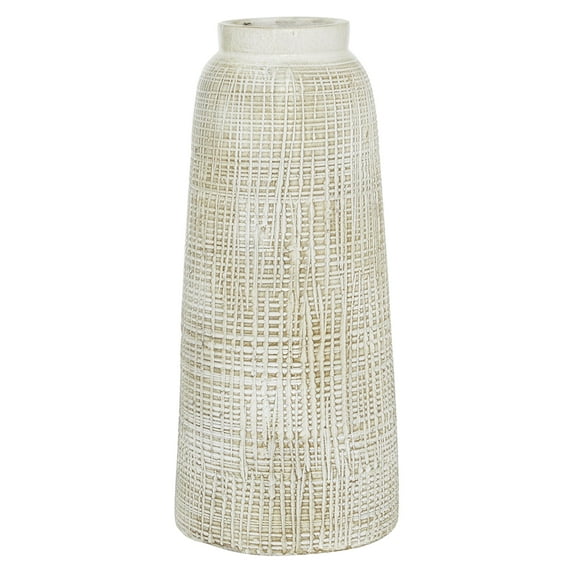 DecMode White Ceramic Textured Crosshatch Decorative Vase with Crosshatch Design, 8" x 8" x 17"