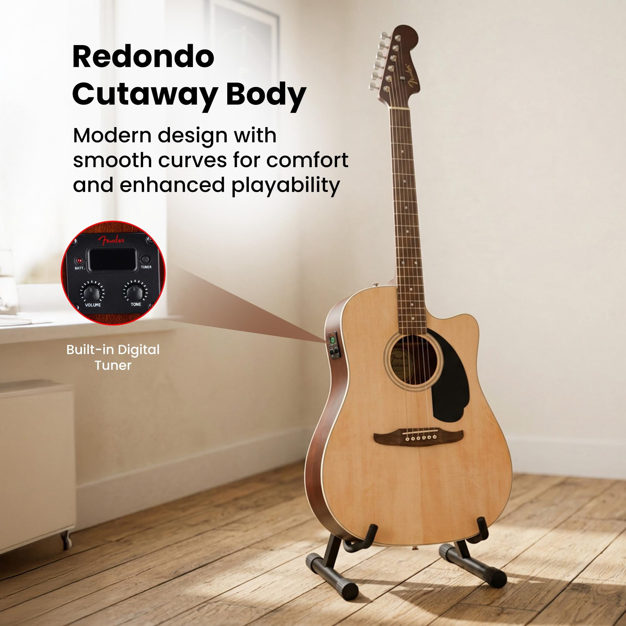 Fender Redondo CE Dreadnought Acoustic-Electric Guitar - Natural Bundle with Gig Bag, Strap, Strings, Picks, and Austin Bazaar Instructional DVD
