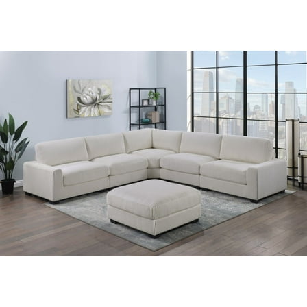 Elegance Contemporary 6pcs Sectional Set XL-Beige Corduroy Corner Wedge Chairs Ottoman Modular Living Room