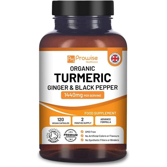 Organic Turmeric Capsules High Strength 1440mg | 120 Turmeric Capsules with Black Pepper, Ginger & Curcumin (2 Month Supply) | Turmeric Capsules High Strength Made in the UK by Prowise Healthcare