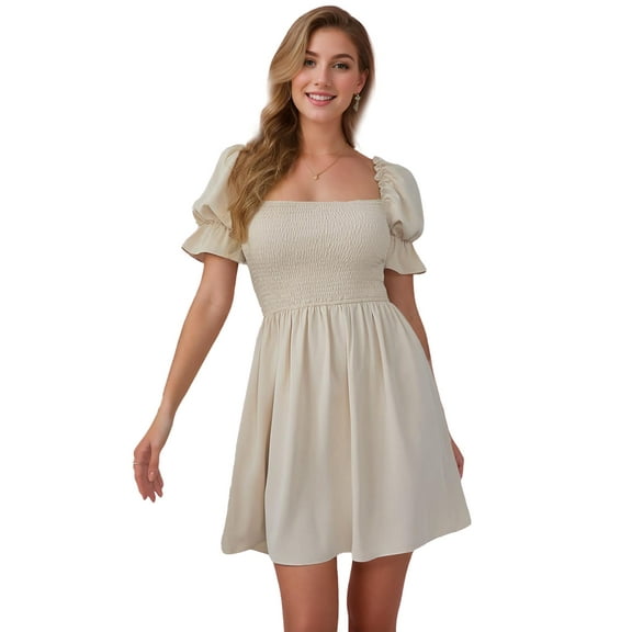 SANOPY Women's Square Neck Flounce Short Sleeve Shirred Ruffle Hem Dress