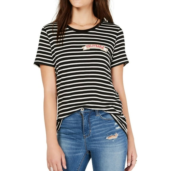 Carbon Copy Womens Striped Patch Embellished T-Shirt, Black, Large