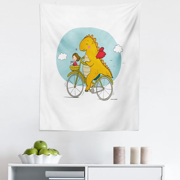 Dinosaur Bicycle Tapestry, Happy Friendly Dragon Traveler with a Girl and a Cat Cartoon Print, Fabric Wall Hanging Decor for Bedroom Living Room Dorm, 5 Sizes, Multicolor, by Ambesonne