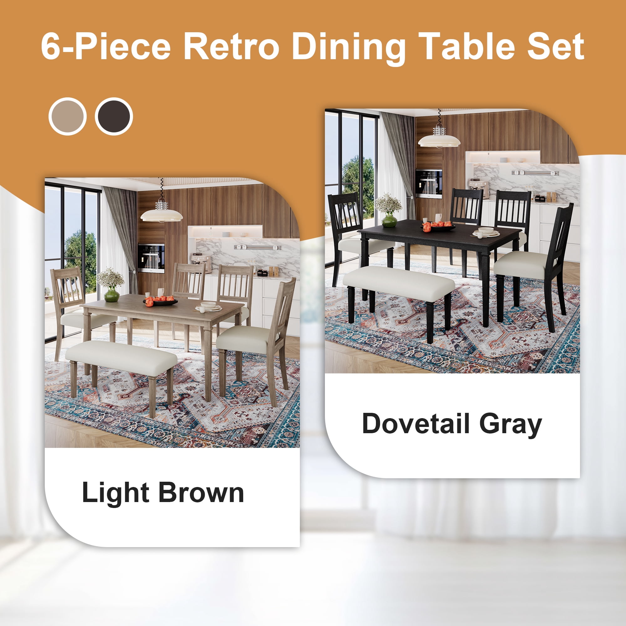 Euroco 6 Pieces Wood Dining Table Set with Bench,Retro Rectangular Table with 4 Upholstered Chairs & 1 Bench for Kitchen & Dining Room,Grey