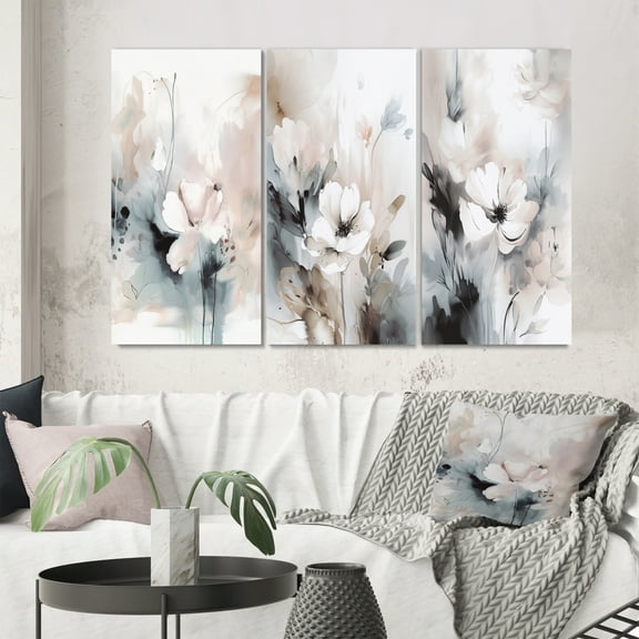 Designart "Grey Flowers Delicate V" Floral Wall Art Set Of 3 - White Floral Canvas Set For Living Room Decor