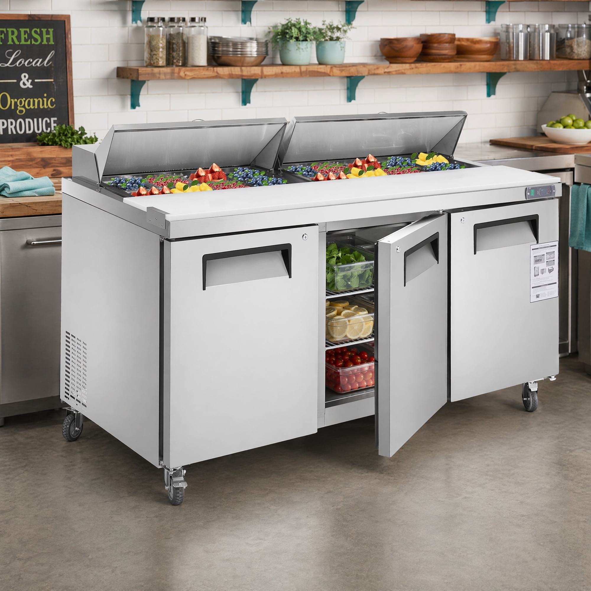 72" 3 Door Commercial Refrigerator Sandwich Prep Table Refrigerator Stainless Steel Salad Prep Cooler with 30 Pans 20 Cu.ft