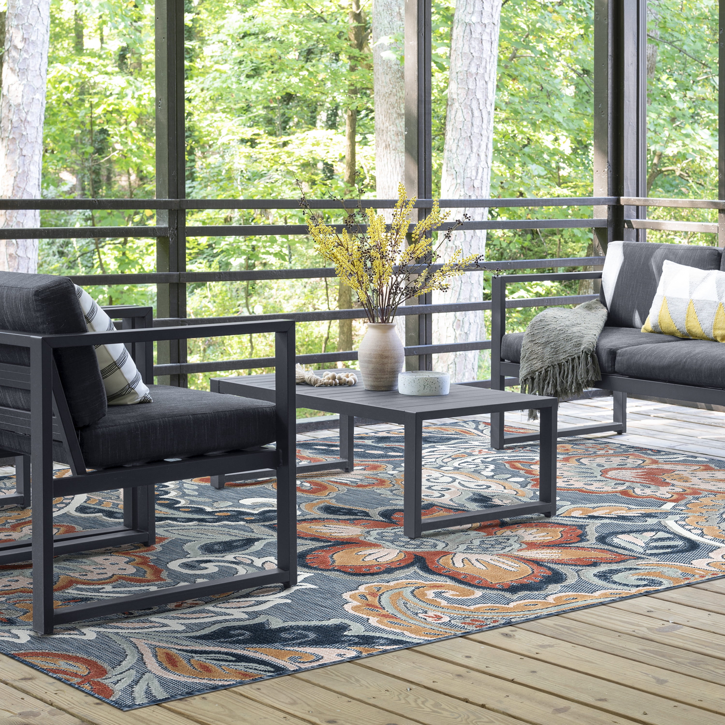 Bliss Rugs Tropical Floral Indoor Outdoor Area Rug for Patio, Porch, Garden Modern | Dark Blue, 3'10'' x 5'3''