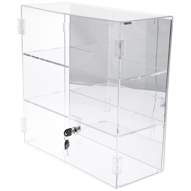 Plymor Clear Acrylic Rectangular Locking Display Case Mirrored 2 Shelves