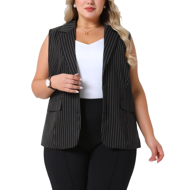 Blazer a rayas sin mangas de talla grande para mujer GRACE & GRANDEUR, con solapa, cuello en V, botones, chalecos de traje casual de negocios con bolsillo 2X negro