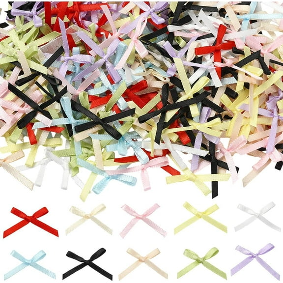 300Pcs 10 Colors Mini Satin Ribbon Coquette Bows Decor 0.79in Small Cute Colorful Red Pink Polyester Twist Tie Wedding Party Ornament Tiny Bowknot for Bags Gift Box Costume Craft Supplies