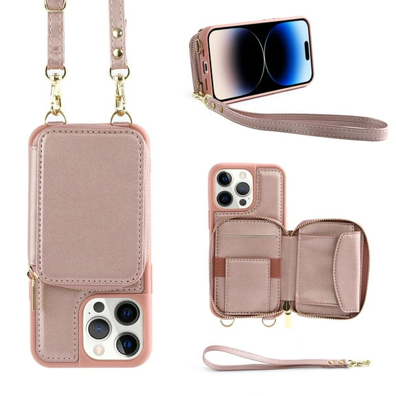 iPhone 15 Pro Max Crossbody Wallet Case, Zipper Card Phone Case with Wrist Strap, Handbag Purse Flip Cover with RFID Blocking Gift for Women Men Compatible with iPhone 15 Pro Max, Rosegold