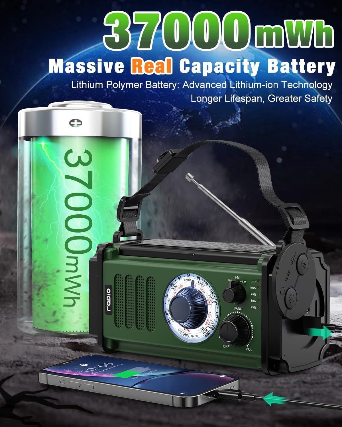 10000mah/37000mwh Emergency Radio  Solar Hand Crank Noaa Am Fm Weather 4 Charging Methods Polymer Flashlight & Reading Lamp Sos Alarm Phone For