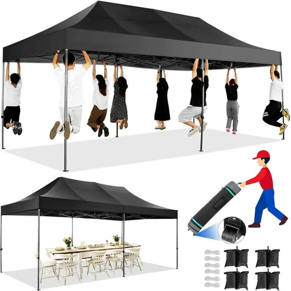COBIZI 10x20 Heavy Duty Pop-up Canopy Tent with Adjustable Height, UPF 50  Waterproof and Instant Outdoor Shelter, Outdoor Canopy for Beach,Party,Camping Includes 4 Sandbags and Wheeled Bag,Black