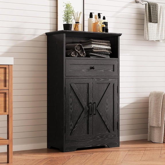 Floor Cabinet, Farmhouse Storage Cabinet with Barn Doors and Drawer,  Freestanding Adjustable Shelf Organizer for Bathroom, Kitchen, Living Room
