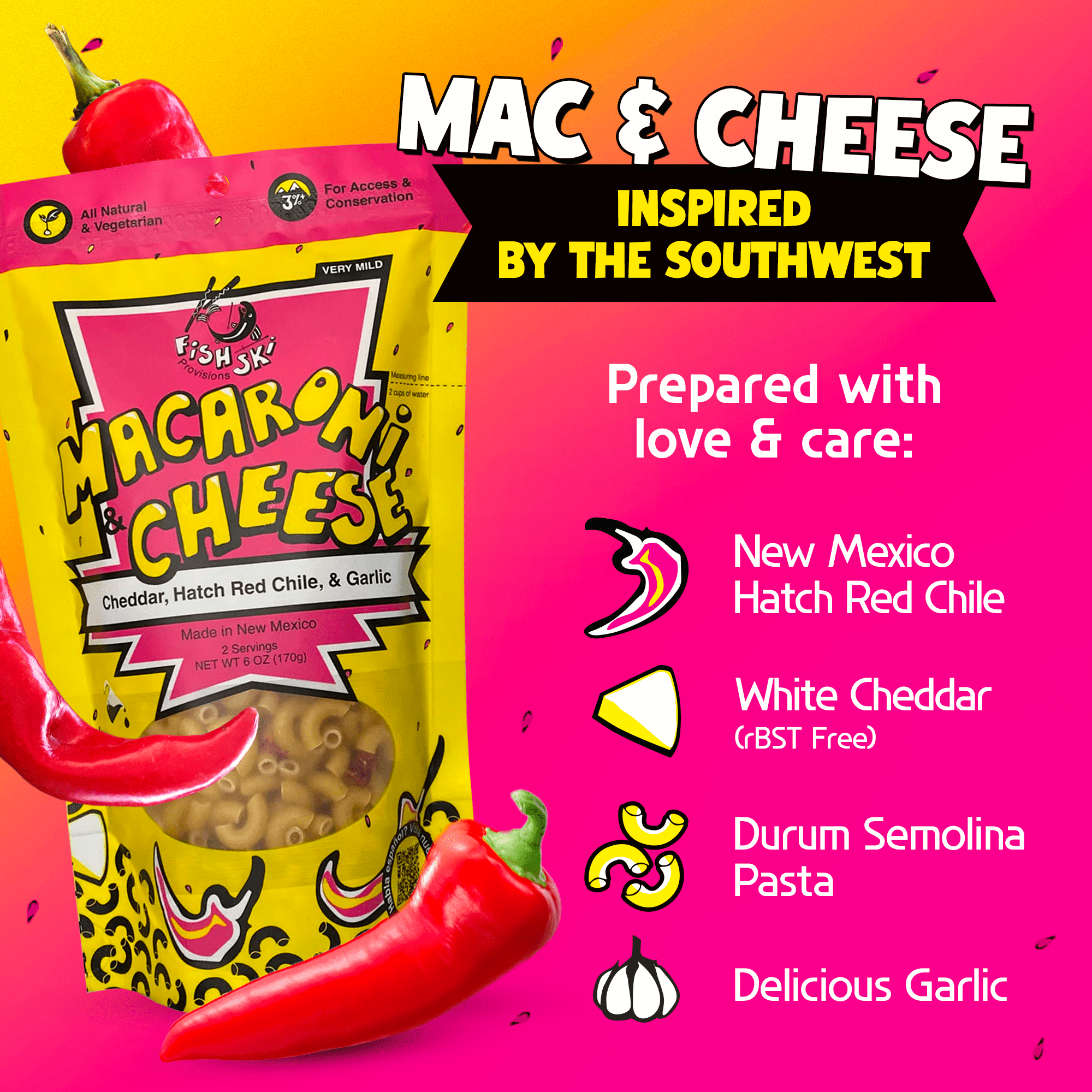 FishSki Provisions Macaroni and Cheese with Hatch Red Chile, Garlic Cheddar Cheese, 6 oz, 32 Packs