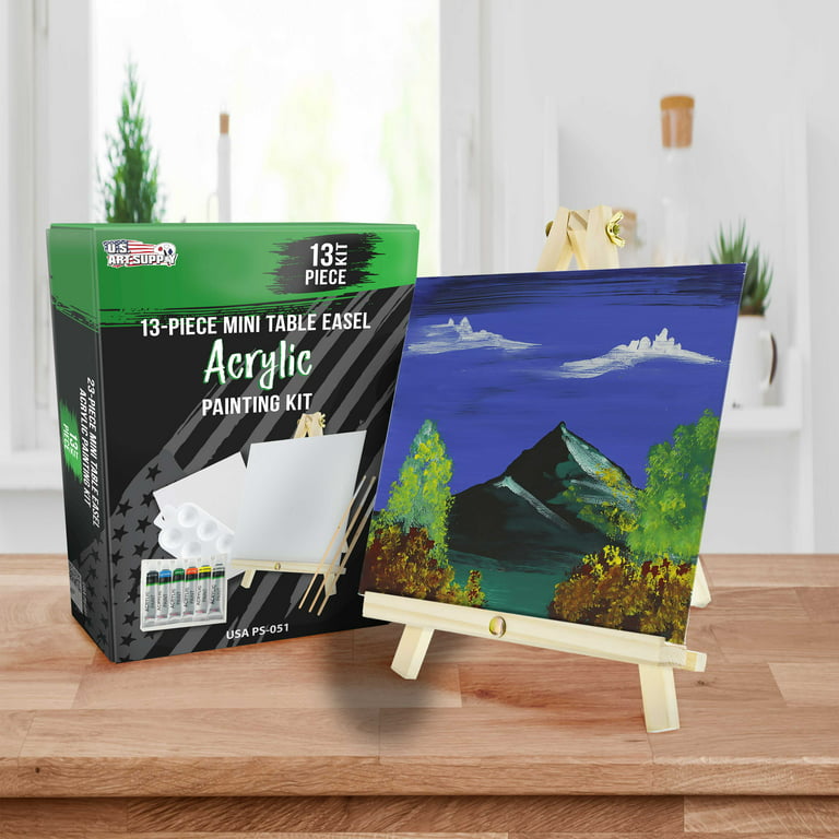 Arteza Kids Nature Painting Kit, 4 Canvases, 3 x 3 in, 4 Easels, 12 Acrylic Paints, 2 Paint Brushes, 1 Palette, Kids Activities for Ages 6 and Up