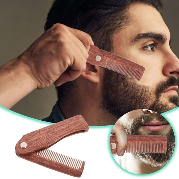 Portable Wooden Beard Comb with Folding Design, Pocket Mustache Comb and Hairstyling Brush, Compact Modeling Comb Accessories for Travel - Khaki
