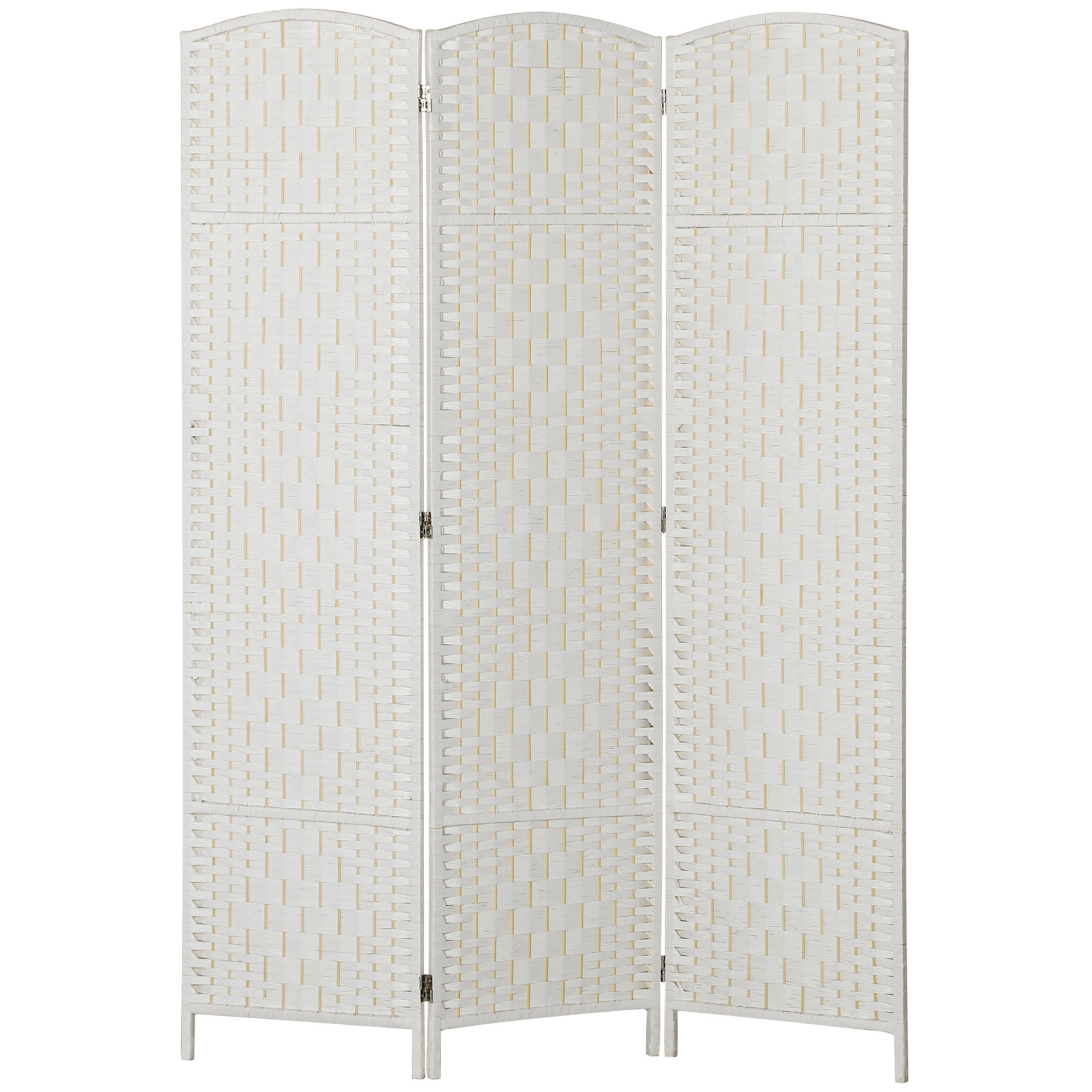 Room Divider 3 Panel Folding Privacy Screen 6FT Tall, Portable Weave Partition Wall with Poplar Wood Frame & Arched Top for Bedroom Studio Dorm, White