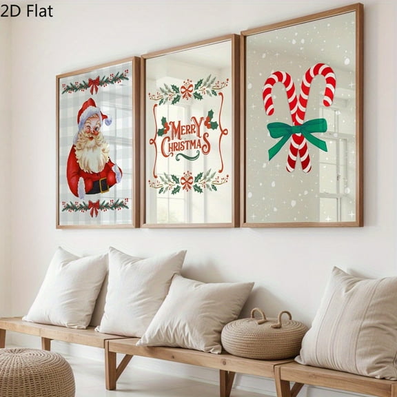 2D Flat Christmas Wall Art Set, 3pcs Vintage Holiday Prints, Merry Xmas, Santa and Candy Canes Seasonal Home Decor, 2D Flat, Perfect for Room Decor