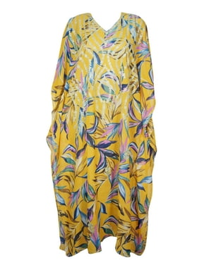 Mogul Women Bright Yellow Printed Maxi Caftan Embroidered On Neck Kimono Sleeves Resort Wear BOHO Summer Kaftan Dress One Size