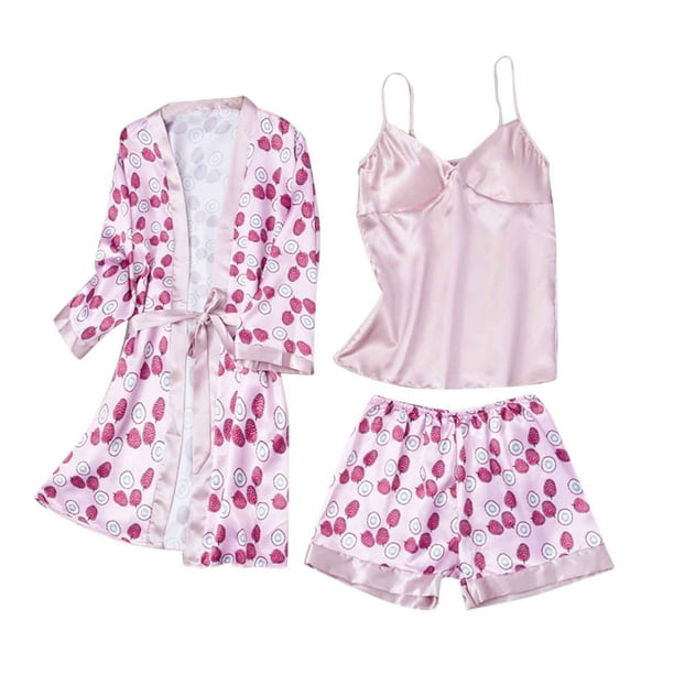 3PCS Conjunto de lencería Mujer Seda Satén Impreso Tentación Babydoll Ropa interior Calzoncillos Pantalones cortos Ropa de dormir Camisón Camisola + Bata + Calzoncillos Traje Fridja nalpqowj42613