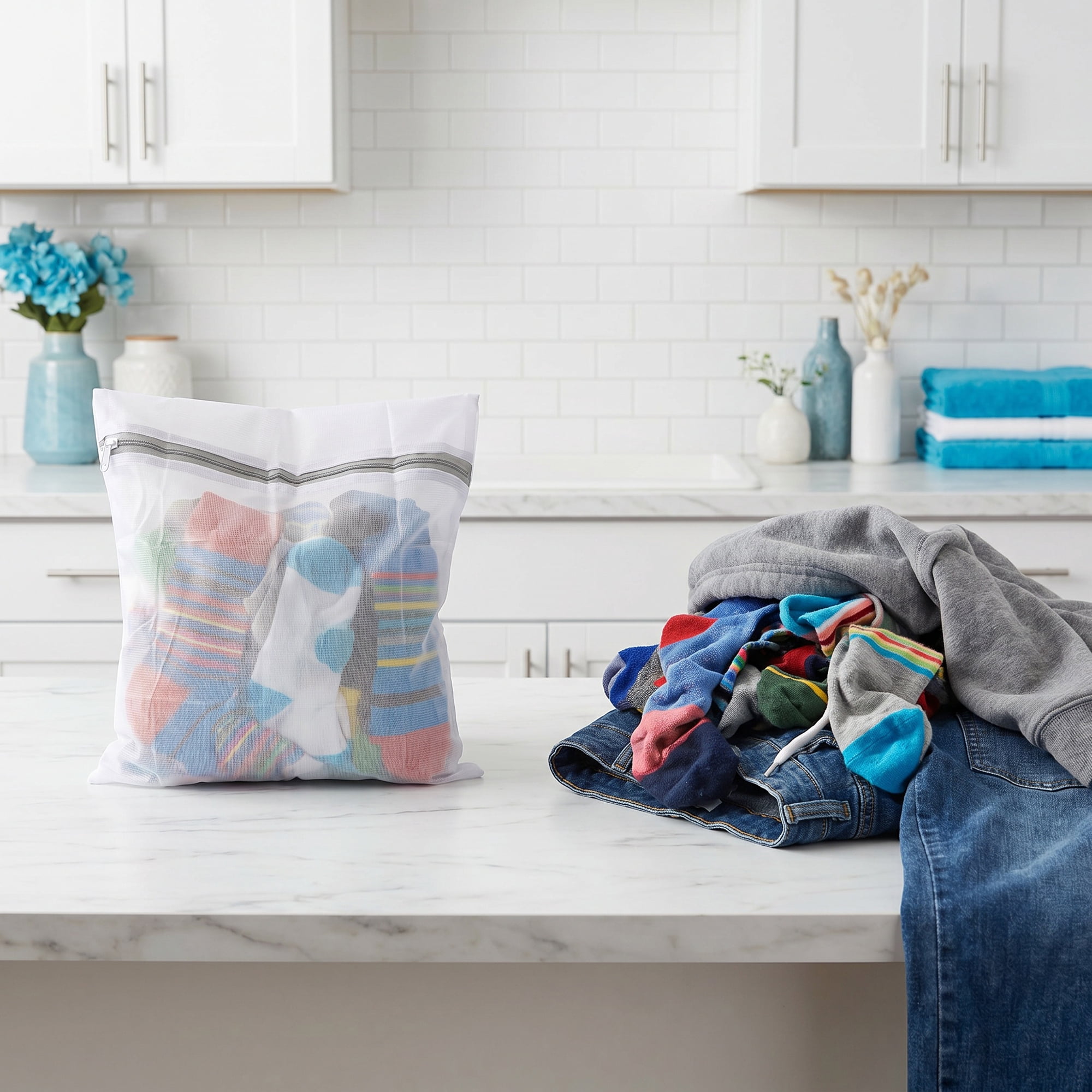 Unique Bargains 3Pcs Polyester Mesh Laundry Bags with Zipper White-Gray 9.8" x 11.8"