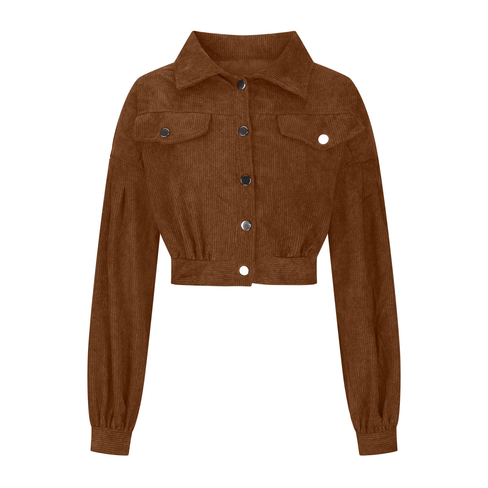 FAIWAD Women Short Corduroy Jacket Solid Color Lapel Button Coats