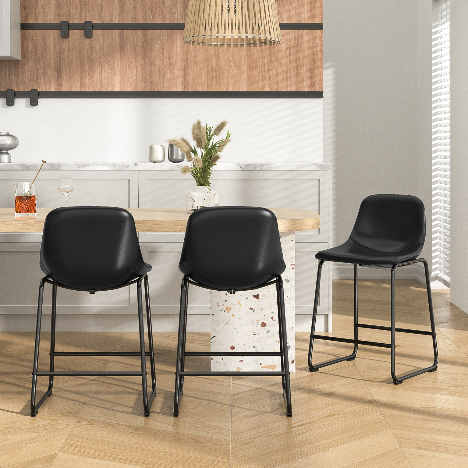 TAVR 24" Bar Stools Set of 3 with Back, Faux Leather for Home, Kitchen, Black