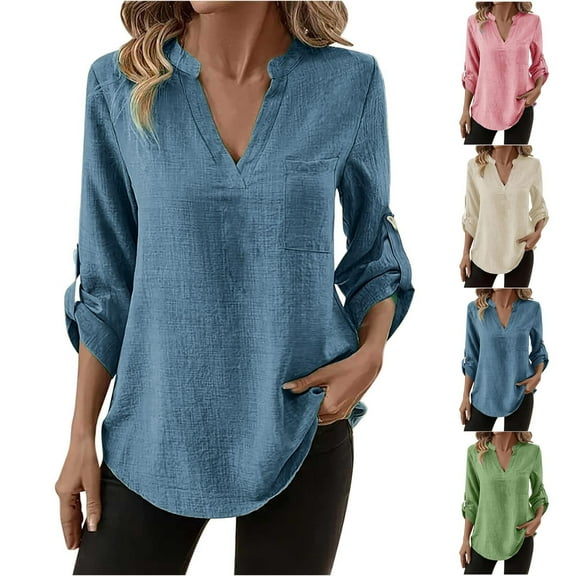 Loopsun Womens Fall Tops, Long Sleeve T Shirts for Women, Women's Fashion Casual Solid Long Sleeve V-neck Pullover Top Beige, L