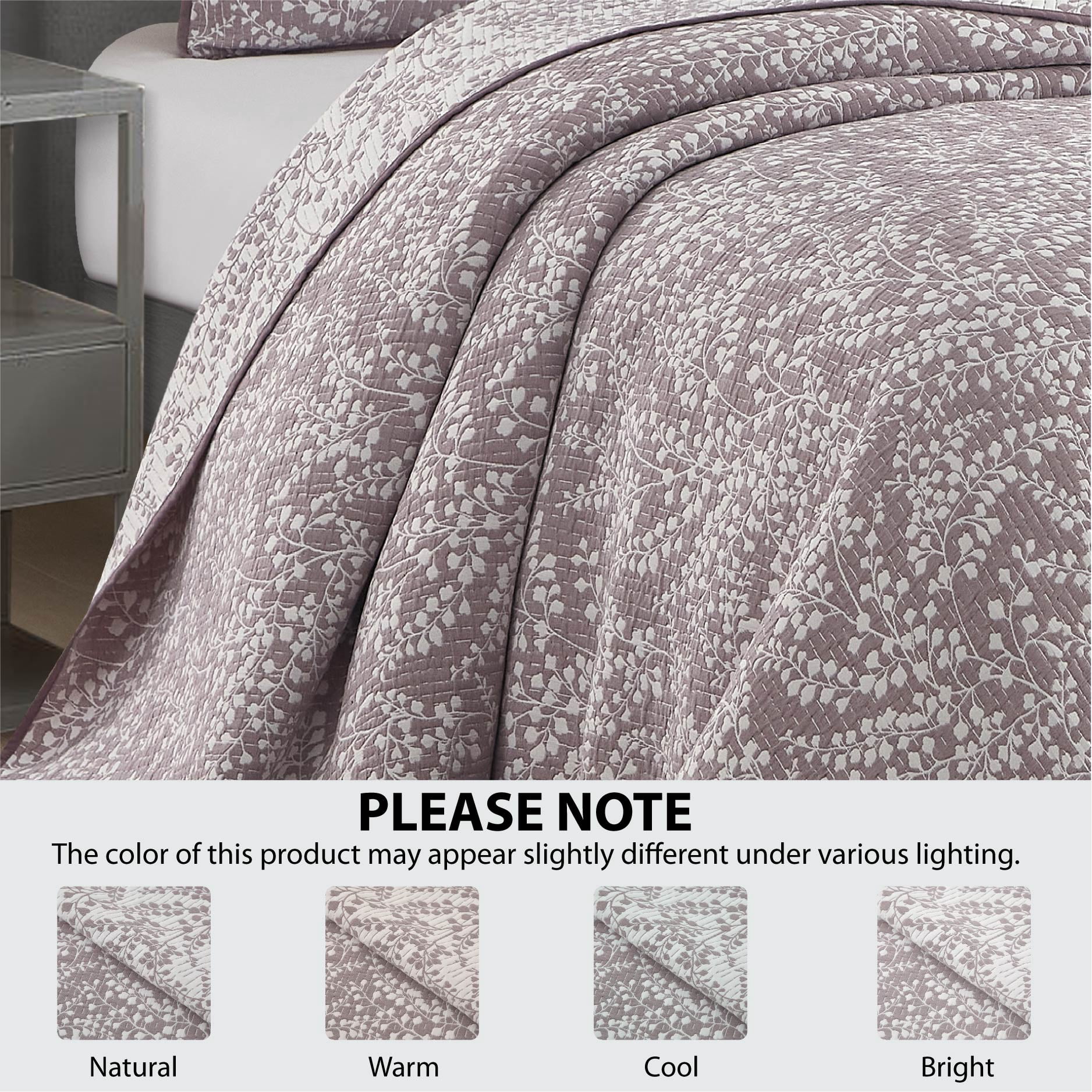 Mainstays Botanical Floral Stitched Quilt, Full/Queen, Light Purple, Reversible Lightweight Bedding