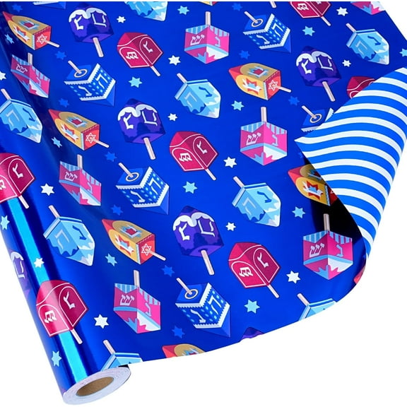 BAN Hanukkah Wrapping Paper Roll, Double-Sided Foil Gift Wrap with Dreidel & Stripes, 17 inch x 33 feet, Blue Holiday Wrapping for Family, Kids Presents & Party Supplies