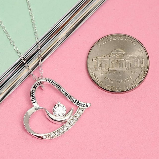 LeCalla 925 Sterling Silver Inspiration Engraved Necklace I-Love-You To-The-Moon-And-Back Heart Pendant with Chain Jewelry Gifts for Women and Teen 18+2" Inch
