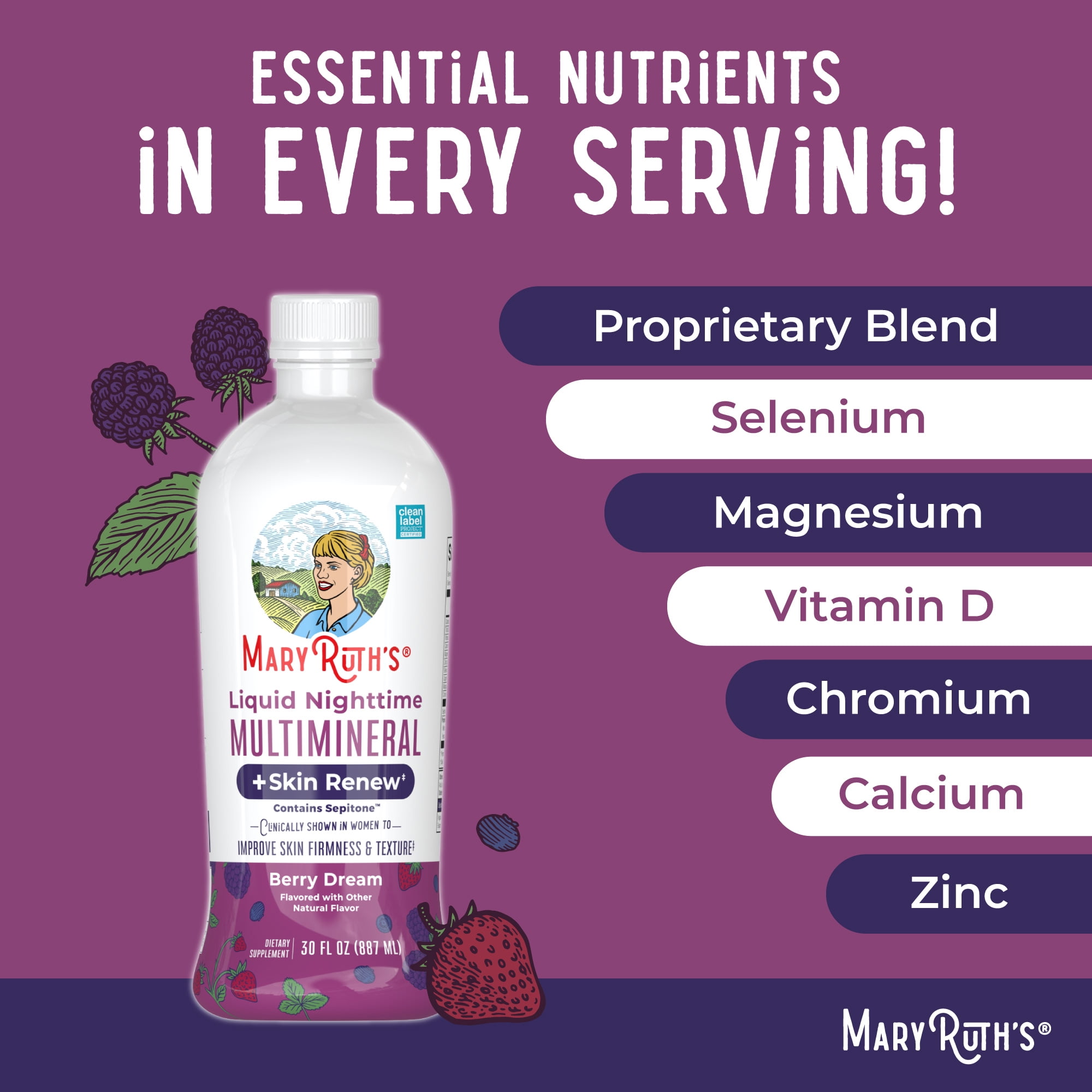 MaryRuth's Nighttime Multimineral Liquid + Skin Renew, Skin Support and Reduce Wrinkles, Berry Dream, Gluten-Free, Vegan, Adults Ages 18+, 30 fl oz