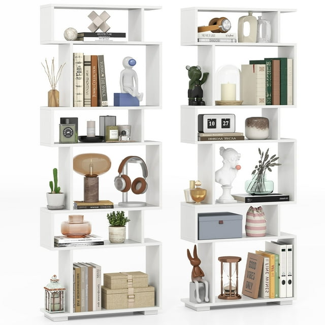 Gymax 2PCS 6-tier Storage Bookshelf Tall Display Shelf w/ Anti-toppling Kits White