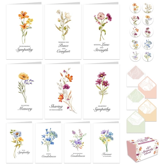 Tarjetas de condolencia Decorably paquete de 50 unidades de 10x15 cm con diseños florales