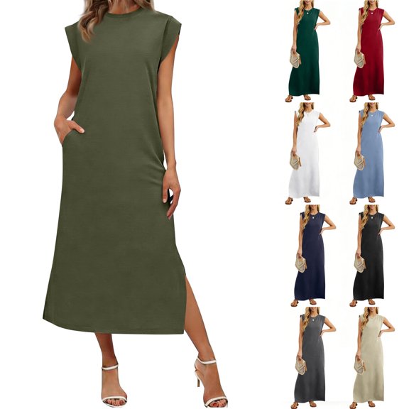Smsaxvxz Womens Summer Tank Dresses Fashion Solid Crew Neck Sleeveless Sundress Casual Loose Beach Vacation Long Maxi Dress Army Green M