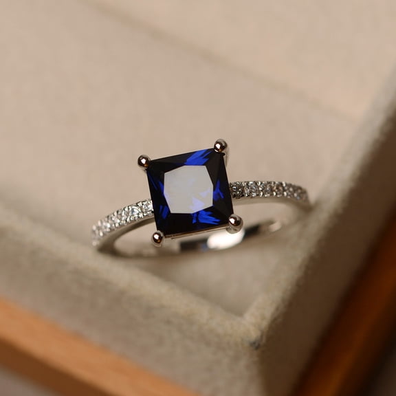 Sapphire ring,sterling silver, September birthstone, princess cut