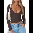 thumbnail image 1 of Tops de Escote en V Profundo para Mujer, Camisetas de Larga A , Camisetas de Punto Ajustadas, Camisetas de Moda de Otoño para Salir, Ropa Marrón M, 1 of 7