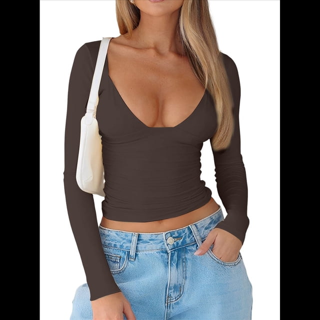 Tops de Escote en V Profundo para Mujer, Camisetas de Larga A , Camisetas de Punto Ajustadas, Camisetas de Moda de Otoño para Salir, Ropa Marrón M