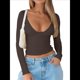 thumbnail image 1 of Tops de Escote en V Profundo para Mujer, Camisetas de Larga A , Camisetas de Punto Ajustadas, Camisetas de Moda de Otoño para Salir, Ropa Marrón L, 1 of 7